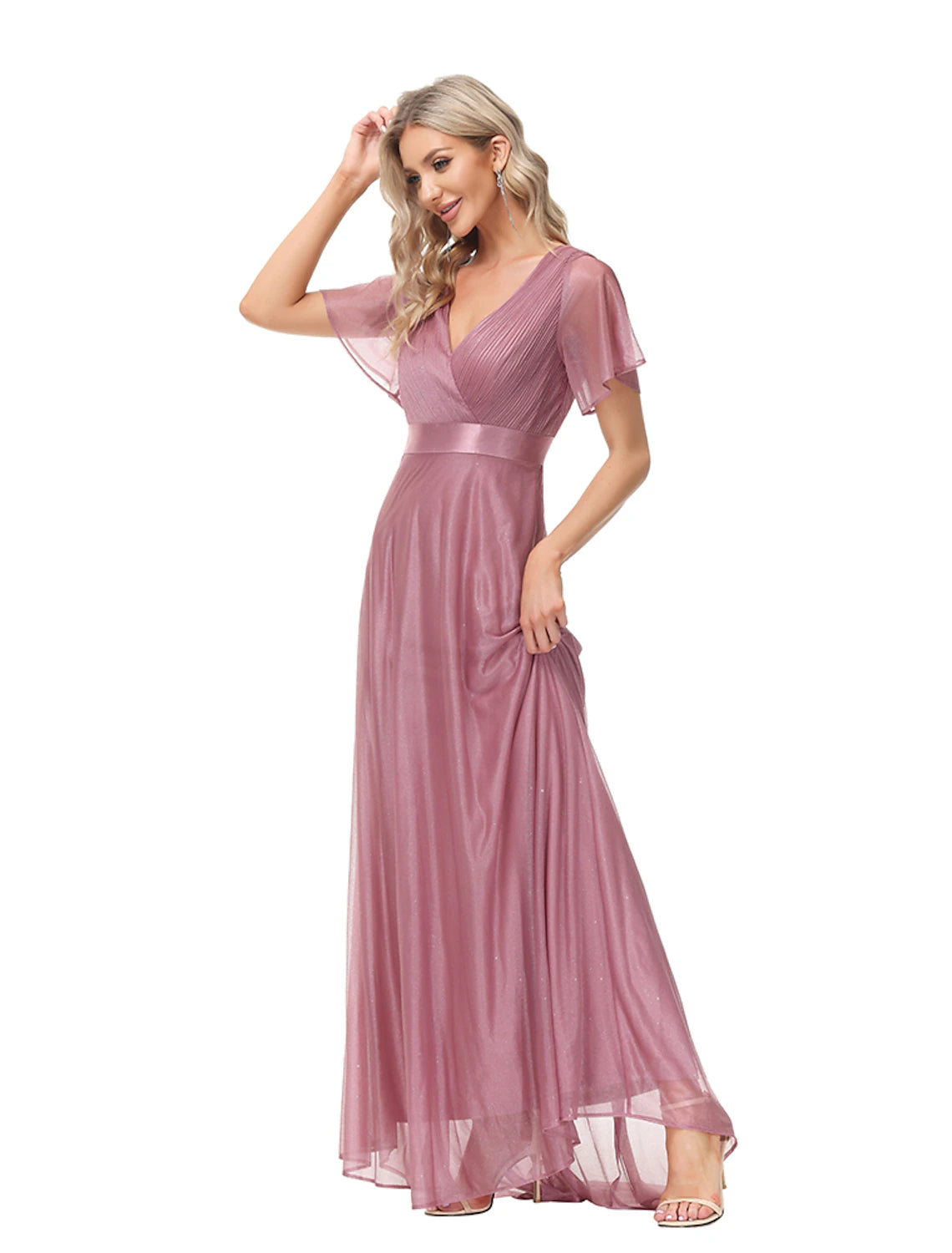 A-Linie Abendkleid Empirekleid Hochzeitsgast Bodenlang Kurzarm V-Ausschnitt Tüll mit gerüschten Rüschen